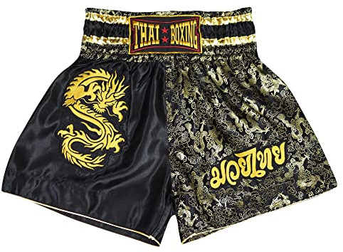 SIAMKICK Classic Muay Thai Shorts for Men Women Boxing Kickboxing High Grade MMA Fight Clothing Training Workout Trunks (M, Black Dragon)