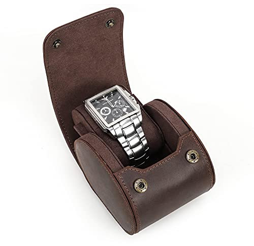 CONTACTS Caja de reloj de piel auténtica enrollable, caja de almacenamiento de joyería y funda protectora cilíndrica para reloj, bolsa suave (café, para 1 reloj)