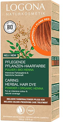 LOGONA Naturkosmetik Pflegende pflanzliche Haarfarbe, Veganes Haarfarbe-Pulver mit Bio-Henna für intensive Farbe und Glanz, Pflanzenhaarfarbe in Flammenrot (Rot), 1 x 100g