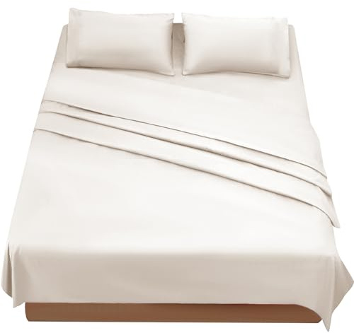 FARFALLAROSSA Parure De Lit 180x190/200 4 Pièces en Microfibre - Drap Housse 180x200 cm - Drap Plat 2 Personne 260x280 cm - 2 Taie d'oreiller 50x80 - Beige