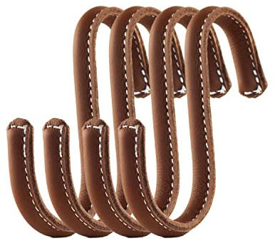 Brute Strength – S-Haken mit Lederummantelung – Cognac – 4 Stück | 10 cm S-Haken aus Edelstahl, mit Vollnarbenleder umwickelt; für Küche, Kleiderschrank, Werkstatt und Bad