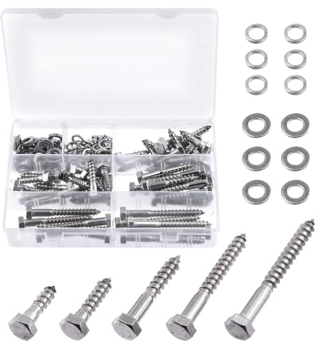 Swpeet 150PCS M8x30/35/50/65/75mm 304 en acier inoxydable boulons à laitier Hex vis et rondelles plates avec rondelles de verrouillage Kit d’assortiment, vis à bois boulons à laitier et rondelles