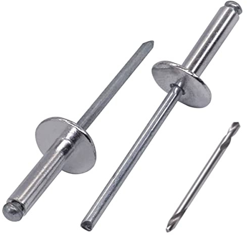 SKIR'CO (50 pcs) Large Flange Aluminium Blind Rivets 4.0 x 16 mm, Steel Mandrel, Drill Bit Included