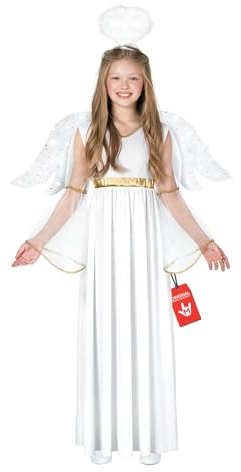 Morph Engel Kostüm Kinder, Himmlisches Halloween Kostüm Kinder | Kleid, Flügel & Heiligenschein, Weiß-goldenes Design, Zum Überziehen, Perfekt für Halloween, Ideal für Rollenspiele