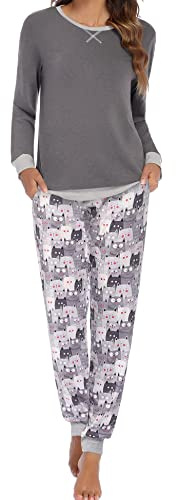 Ekouaer Damen Schlafanzug Lang Kariert Zweiteiliger Hausanzug S-XXL | zwei Taschen, elastischer Bund mit Kordelzug, Rundhals mit „X“-Nähte, Ärmel- und Beinabschlüsse,Ellbogen-Patches, warm