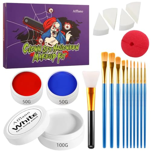 DE'LANCI Clown Halloween Schminke Set Rot Weißer Blau7.05 Oz/200g,Halloween Clown Sschminke Horror,Vereinigte Staaten,Gesichtsbemalung mit dem Britischen Flaggenmuster