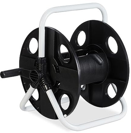 Relaxdays Dévidoir de Tuyau, pour 30 m de Tuyau 1/2, Acier, Plastique, Support, HxLxP: 38 x 42 x 31 cm, Noir-Blanc