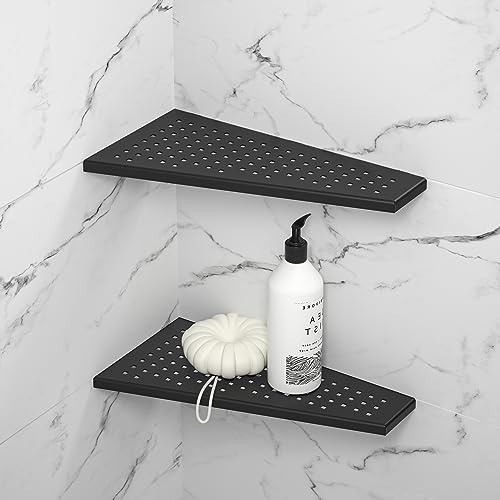 Bernkot Eckablage Duschablage 304 Edelstahl ohne Bohren für Badezimmer | Duschregal Ecke für geflieste Wände, Shampoo Halter Organizer Trapezförmiges quadratisches Loch 305*155mm,2 Stücke, Schwarz