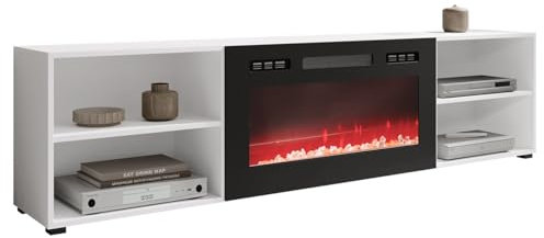 Mirjan24 TV Lowboard Luvkas 200 mit Elektrischem Kamin Realistische LED-Flamme Kristallherd Fernsehschrank Fernsehtisch Unterschrank Board Schrank TV-Bank (Weiß/Weiß + Schwarz Hochglanz)