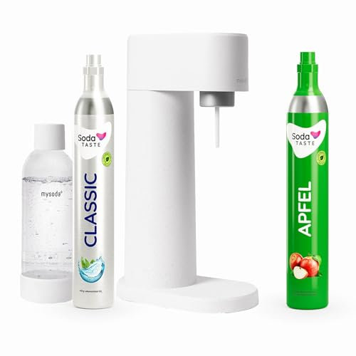 Sparpaket: Mysoda Woody - Wassersprudler aus erneuerbarem Holzkomposit mit 1L BPA-freier Plastikflasche, CO2-Zylinder Classic + CO2-Zylinder Apfel (Weiß)