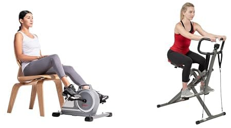 Sunny Health & Fitness Magnetic Under Desk Mini Exercise Cycle Bike, Dual Function Pedal Exerciser + Row-N-Ride™ PRO Squat Assist Trainer, Rowing Machine w/Digital Monitor & Resistance Bands