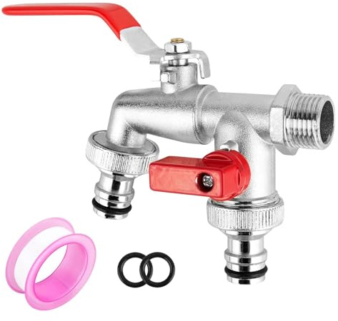 ‎DMJJSD Doppel-Gartenhahn, 1,27 cm Außen-Gartenarmatur mit 2-Wege-Splitter, Gartenhahn, Messingwasserhahn, Außen-Doppelauslass-Armaturen für Gärten, Haushaltsindustrie