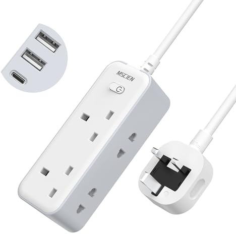2M Extension Lead with 3 USB Slots, Mscien Shaver Plug Adaptor UK 2 Way with 13A Fuse, Extension Cable 2 Metre with Wall Mountable, Power Strip for Electric Toothbrush, Shaver (3250W)