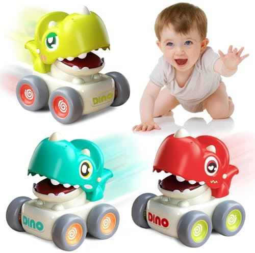 Joellfuner Baby Spielzeug Auto, Auto Baby Press and Go, 3 Stück Dinosaurier Auto Spielzeug mit Trillerpfeife, Aufziehauto Baby Bewegliche Entfernung 4-5 Meter, Spielzeugautos für 1 2 3 4 Jahren