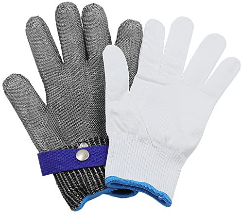 Yosoo Health Gear Cut Resistant Gloves, Stainless Steel Mesh Metal Glove and White Nylon Glove, for Clothing Cutting, Kitchen Cooking, Butcher Meat Cutting, Chainsaw Work (L)
