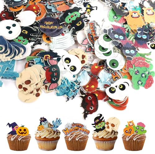 280stk Essbare Kuchendekorationen für Halloween, Halloween Dessert Dekoration Essbar Geist Fledermaus Friedhof Zombie Skelett Spinne Kürbis Hexenhut Augapfel Kuchendekorationen(40 Stile)