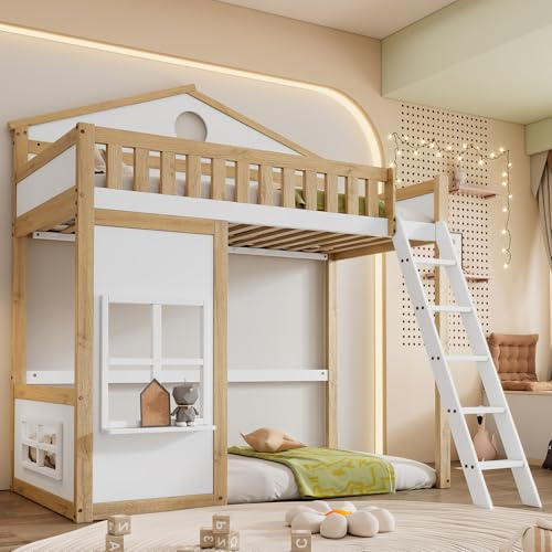Kinderbett Etagenbett 90x200 cm, Hochbett Hausbett mit Treppe&Dach&Fenster, Holzbett Bettgestell mit Fallschutz&Gitter, Einzelbett mit 1x Lattenrost, Bettrahmen aus massivem Kiefernholz, Weiß+Natur
