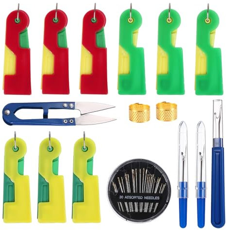 9 Stück Nadeleinfädler Zum Handnähen mit 30 selbsteinfädelnden Handnähnadeln 2 Nähfingerhüten 3 Nahttrennern und Nähscheren, Nähwerkzeug Set für Heimwerker Näharbeiten Stickereien Kreuzsticharbeiten