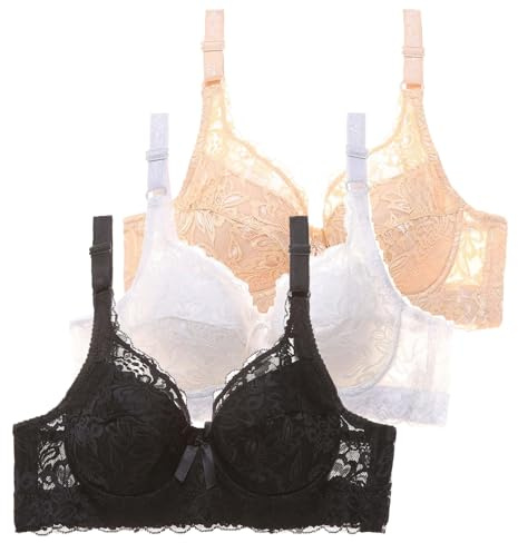CSWH 3er Pack BHS Damen mit Bügel Push Up Sexy Spitzen-BH Frauen Starker Halt Große Brüste Klassische BH Set Bequemer Unterwäsche Bra mit verstellbarem für Alltag