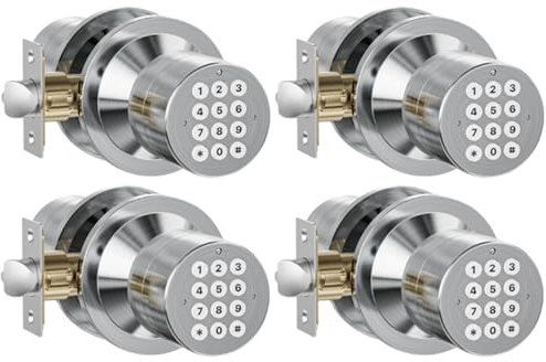 Door Knob with Keypad, Door Lock with Code, Keypad Door Lock with Handle, Keyless Entry Door Lock for Front Door Garage Home Apartment, Satin Chrome 4 Pack