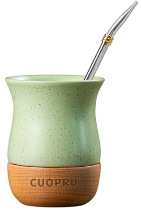 Cuopru Taza de cerámica Yerba Mate de 8 onzas con base de madera original, incluye calabaza mate, pajita de bombilla y cepillo de limpieza, perfecta para yerba mate tradicional y taza de estilo
