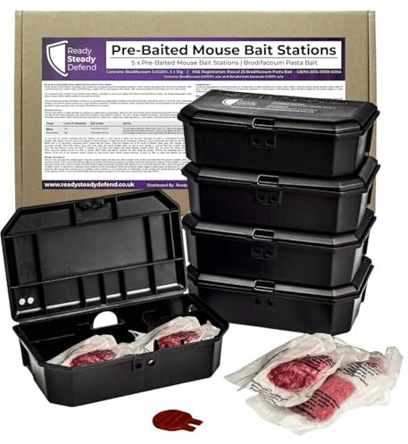 Pre-Baited Mouse Killer Control Kit (Pack of 5) – Contains Strong Single Feed Brodifacoum Poison Rodent Pasta for Indoor Use – Tamper-Resistant Mice Treatment Boxes by Ready Steady Defend