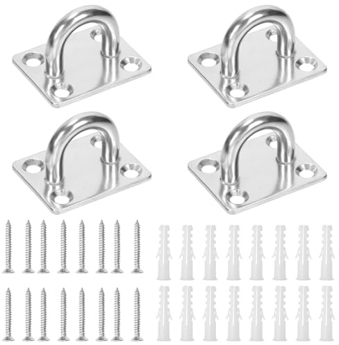 Swpeet - Kit de surtido de 4 ganchos de acero inoxidable 304 M8, de plata, cuadrados, con placa de ojo y almohadilla, con tornillos y anclajes de plástico, ganchos de techo en U, ganchos de grapas y