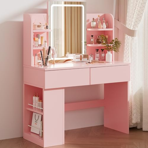 Airfish Toeletta da Trucco con Luci LED,Luminosità Regolabile,Postazione Trucco,Tavolo da Trucco con Specchio,2 Cassetti,Ripiani Aperti,Moderno,Bianco (Rosa, 90CM)