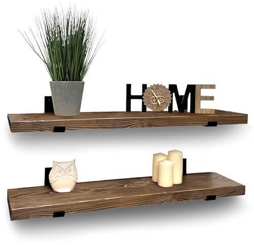 MKGT Handcrafted Rustic Wooden Floating Shelves with L-Brackets - Set of 2 (60cm) Walnut - Perfect for Kitchen Wall, Living Room