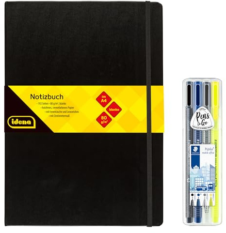Idena 90339 - Notizbuch DIN A4 mit 192 Seiten, blanko, inkl. STAEDTLER Triplus Mobile Office Set mit Fineliner, Kugelschreiber, Druckbleistift und Textmarker