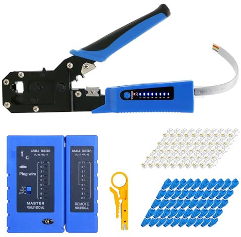 RJ45 Crimp Tool Kit All-in-One Ethernet Crimper Cat6 Cat5 Cat5e Crimping Tool with Network Cable Tester, 50-Pack Cat5e RJ45 Connector, 50-Pack Connector Boots