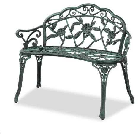 Bonnlo Gartenbank Metall Aluminium Rose, wetterfeste Sitzbank für 2 Sitzer, antike Sitzbank mit Rückenlehne, Bänke für Terrase, Balkon, Garten, Hof, antike Grün
