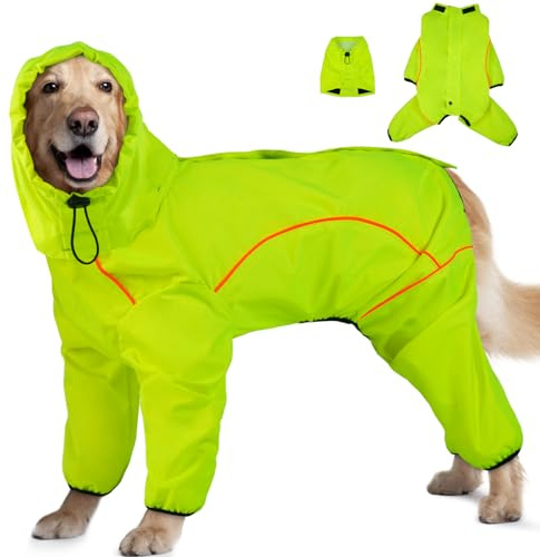 ADNIKIA Hunde-Regenmantel, wasserdichte Hunde-Regenjacke mit abnehmbarer Kapuze, verstellbarer 4-Beine-Haustier-Poncho mit Leinenloch, reflektierende Streifen, schneesichere winddichte Kleidung für
