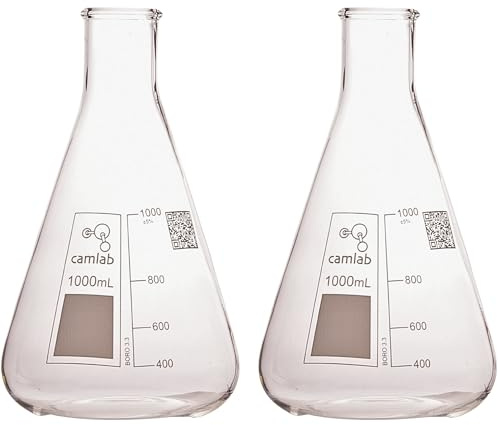 Camlab Graduated 3,3 Borosilicate Glass Erlenmeyer Flask, With Narrow Mouth, Conical Flask, Chemically Resistant and Heat Resistant, 1000ml Glass Beaker, Pack of 2