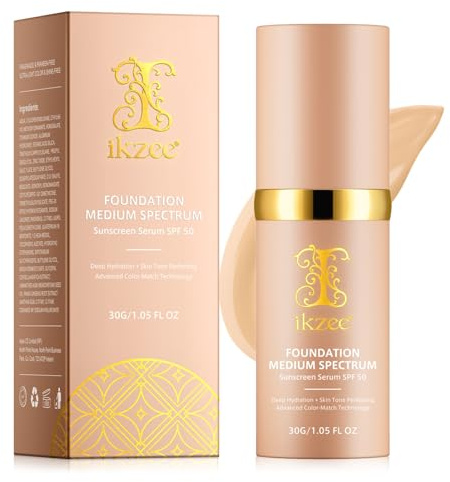 P-Beauty Sérum solaire SPF 50 avec effet fond de teint - Crème solaire teintée pour le visage - Couvrance moyenne - Sérum de soin hydratant et anti-âge avec protection UVA UVB - Maquillage avec SPF