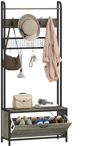 HOMCOM Coat Rack with Shoe Storage Bench and Grid Panel, Hall Tree, 5-In-1 Industrial Coat Rack Stand with Shoe Cabinet and 10 Hooks for Hallway, Entryway, Living Room, Grey