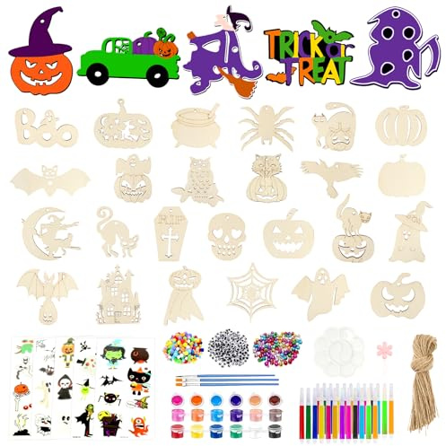 Homelyxe Halloween Deko Basteln, 60 Stücke Halloween Basteln Kinder Holz, Kürbis Fledermaus Skelett Holzanhänger zum Bemalen, Jungen Mädchen Geschenk, DIY Handwerk Party