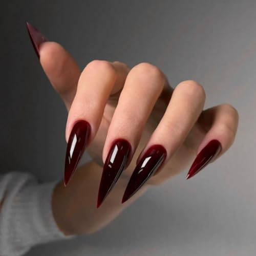 False Nail Tips, Long Pointed Shape, Glossy Deep Burgundy, 24-Piece Set | Coordinated manicure look without shaping and colouring each nail, for daily wear, parties, weddings and costume events