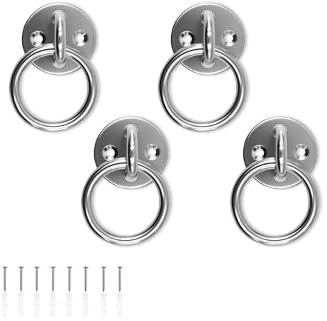 Shwdsy 4 Pièces Anneau de Fixation, Acier Inoxydable Anneaux pour Chevaux, Œillet de 5 mm Anneau D'attache sur Plaque, Base Ronde, avec Vis et Tube de Diffusion, Adapté Poteaux en Bois, Murs Pleins
