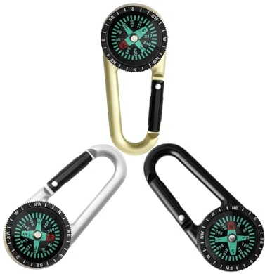 3 Pcs Compass Keychain, Compass Metal Carabiner Clip, Compas Hiking, Portable Camping Accessories Navigation Tool for Outdoor Activities, Camping, Travel, Exploration Adventures (Black/Gold/Silver)