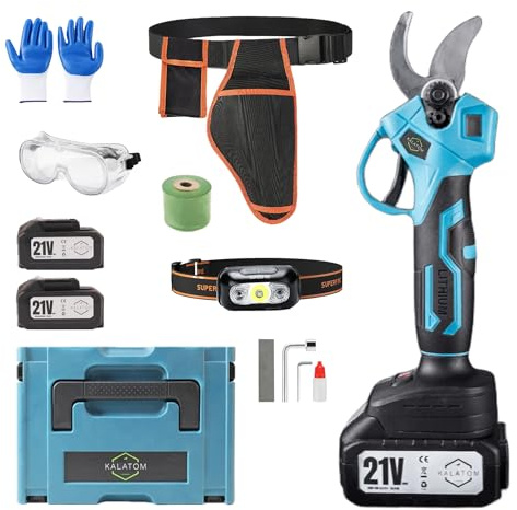 Tijeras de Podar Electricas, Kit Completo, Podadora Electrica Bateria 21V Recargable 2x3000 mAh, Tijeras Podar con Accesorios de jardinería con pantalla Display.
