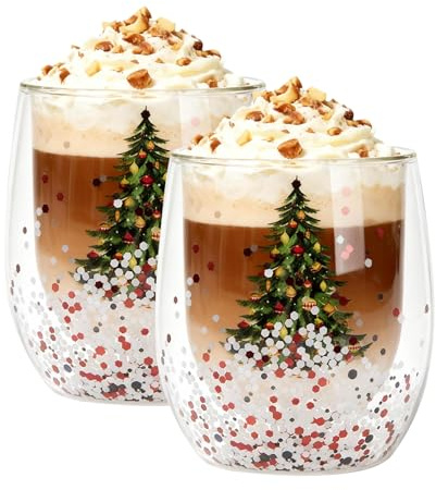 Latte Macchiato Gläser Weihnachten Doppelwandig, Weihnachtsgläser 300ml, Doppelwandige Kaffeegläser Thermogläser, Pailletten Weihnachtsbecher Glühweingläser, Weihnachtsglas Weihnachtsgeschenke (D*2)