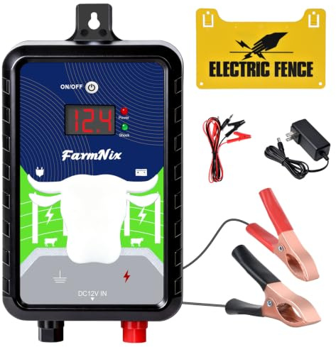FarmNix 12V Weidezaungerät mit LED Anzeige, 4J Elektrischer Weidezaun 230V | für 24 KM Reichweite, Mehrere Stromoptionen (Netz/Batterie/Solar), Eelektrozaun Ladegerät für Bauernhöfe, Vieh und Pferde