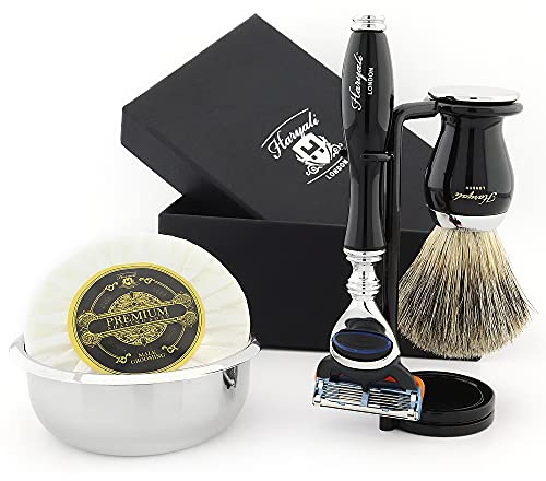 Haryali London, kit completo da barba per uomo da 5 pezzi: rasoio a 5 lame, pennello da barba in tasso nero, sapone da barba, ciotola e doppio supporto, set da barba tradizionale