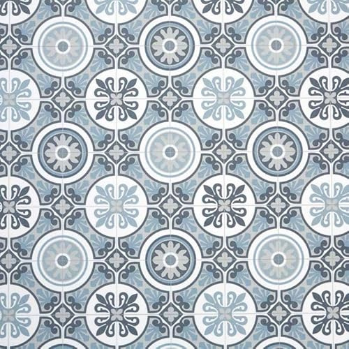 Moroccan Tile Design Cushion Vinyl Flooring Sheet White Grey & Blue Patterned Non Slip Lino Conservatory Kitchen Bathroom Floor (Tangier 09, 4m x 3m)
