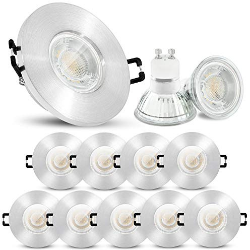 linovum ISASO Einbaustrahler 10er Set silber IP65 GU10 2W warmweiß inkl LED | Zehn Deckenspots IP65 Alu gebürstet - warmweiß, mit Glasscheibe für Bad, Dusche & außen, für GU10, inkl. LED