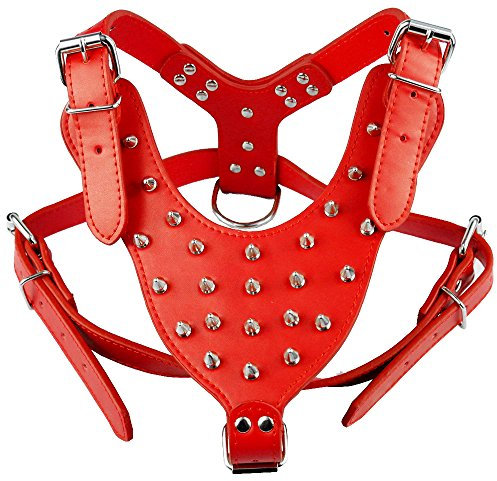 haoyueer Harnais en cuir à pointes cloutées pour chiens de taille moyenne et grande - Pit Bull, Mastiff, Boxer, Bull Terrier (rouge)