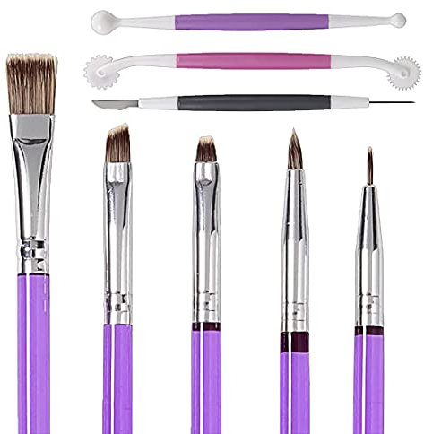 Yxhome 8-teiliges Dekorationswerkzeug-Set für Fondantkuchen, Zuckerkekse, Pinsel, Zahnfleischpaste, Blumenküchenbedarf, 5 Pinsel und 3-teiliger Doppelkopf, Lila, Kunststoff und Metall