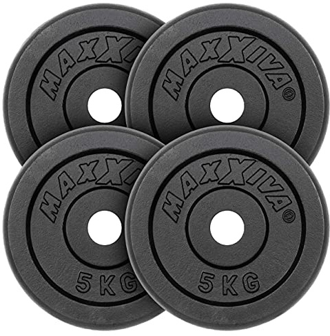 MAXXIVA Hantelscheiben 4er Set Gewichtsplatte je 5 kg Gusseisen schwarz 20 kg Fitness Krafttraining Bodybuilding Workout Gewichtheben Reha