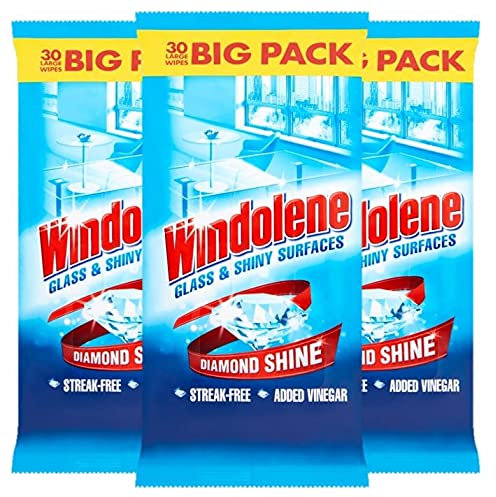 Windolene Glass & Shiny Surfaces 30 Wipes - Pack of 3 | Streak-Free Cleaning for Windows, Mirrors, Cars | Window cleaner & Glass cleaner